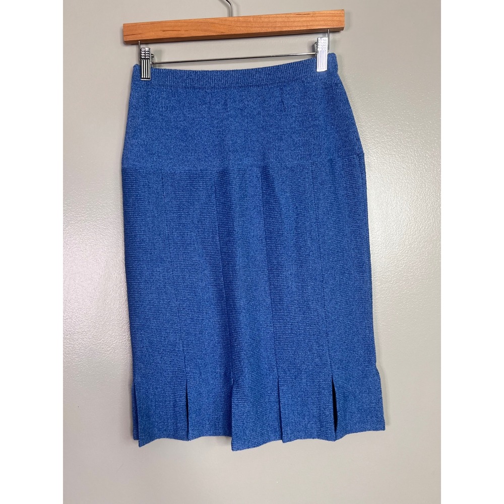 Vintage Blue Wool Blend Knit Pleated Hem Midi Skirt Size 6 artsy office quirky